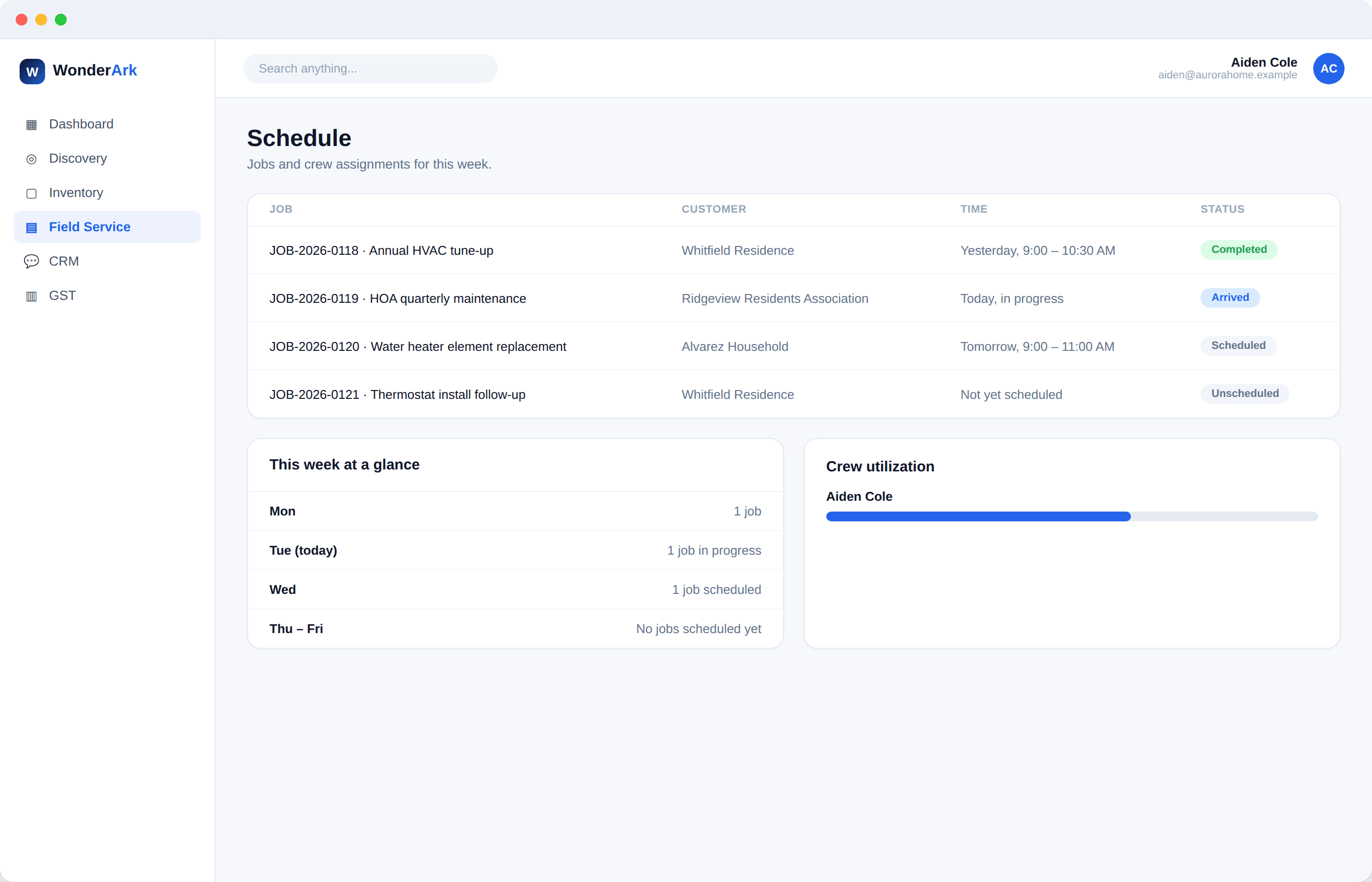 Field service schedule showing jobs, customers and statuses for the week