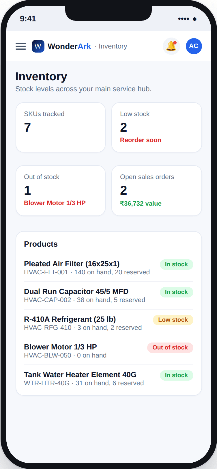 Inventory dashboard showing stock levels and status badges for HVAC parts